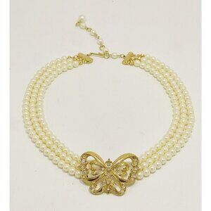 Vintage 3-strand Faux Pearl Necklace Choker Butterfly Pendant SP Rhinestones